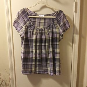 Liz & Co., purple plaid blouse, L, washable